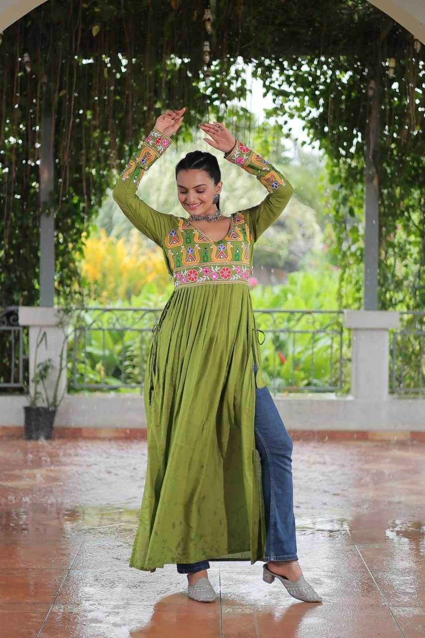 Reyon Cotton Long Embroidered Navratri Kurti - MYLUXURY LANE ENTERPRISE